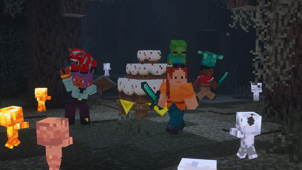Players defending a giant cake from baby zombies