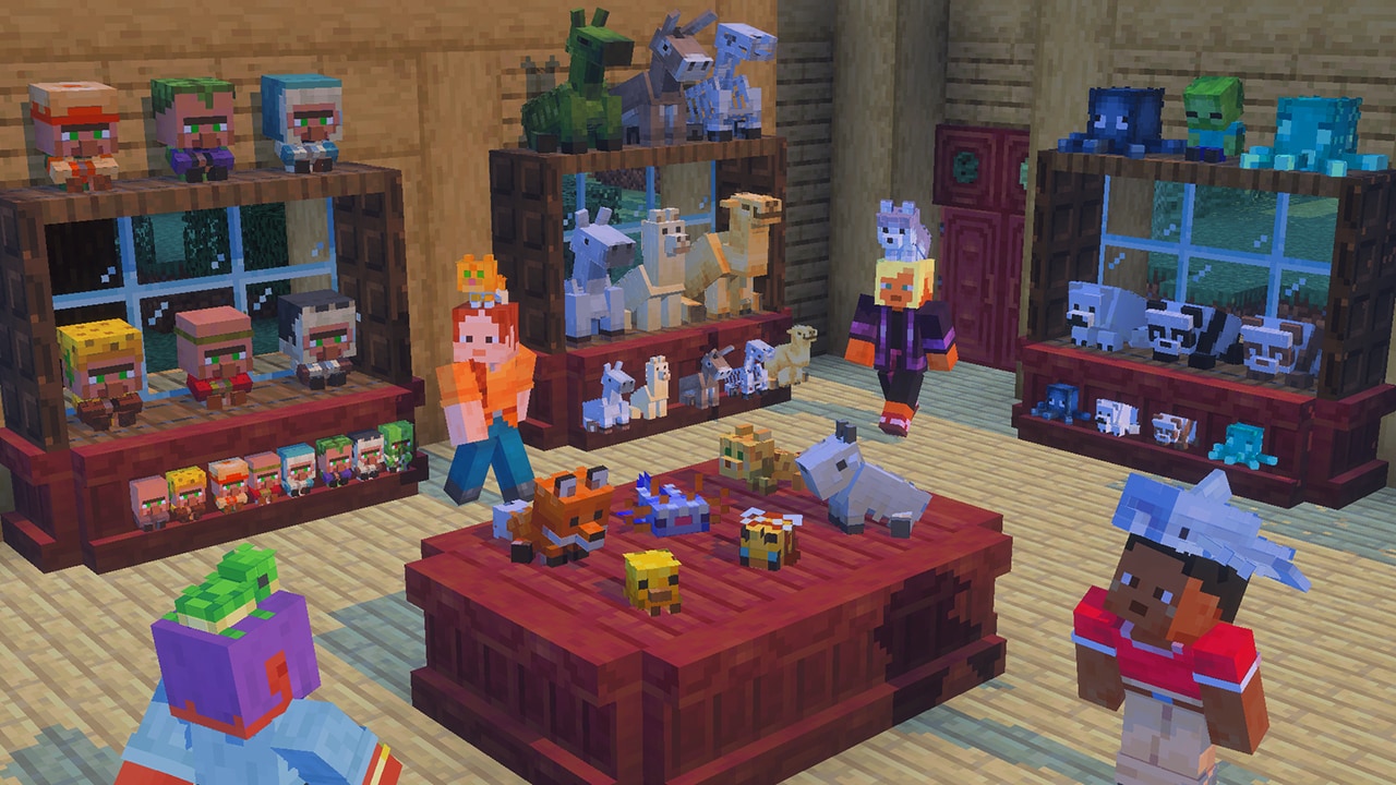 Player characters inside an in-game shop filled with baby mob plushies