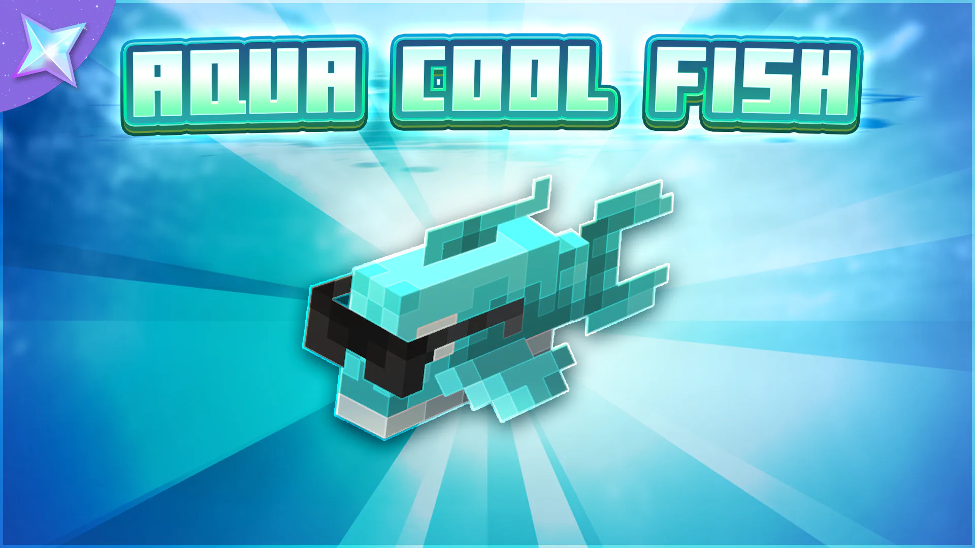 Minecraft Aqua Cool Fish promotional image featuring a blue fish wearing black sunglasses against a bright underwater-themed background.