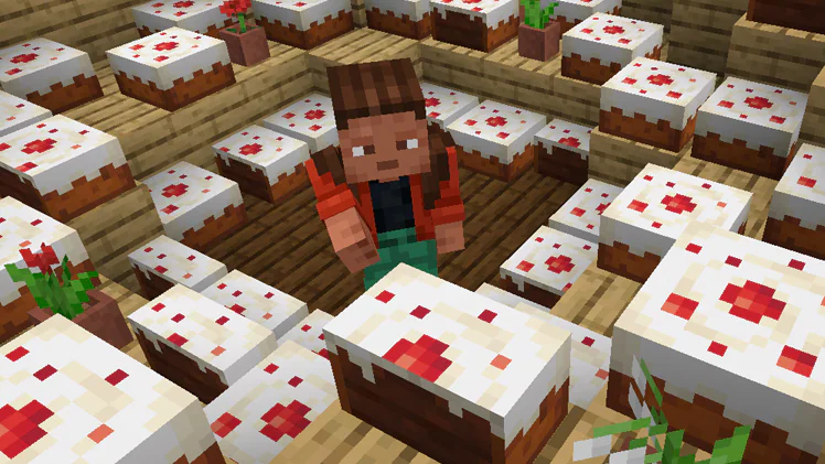A player standing in a room full of cake.