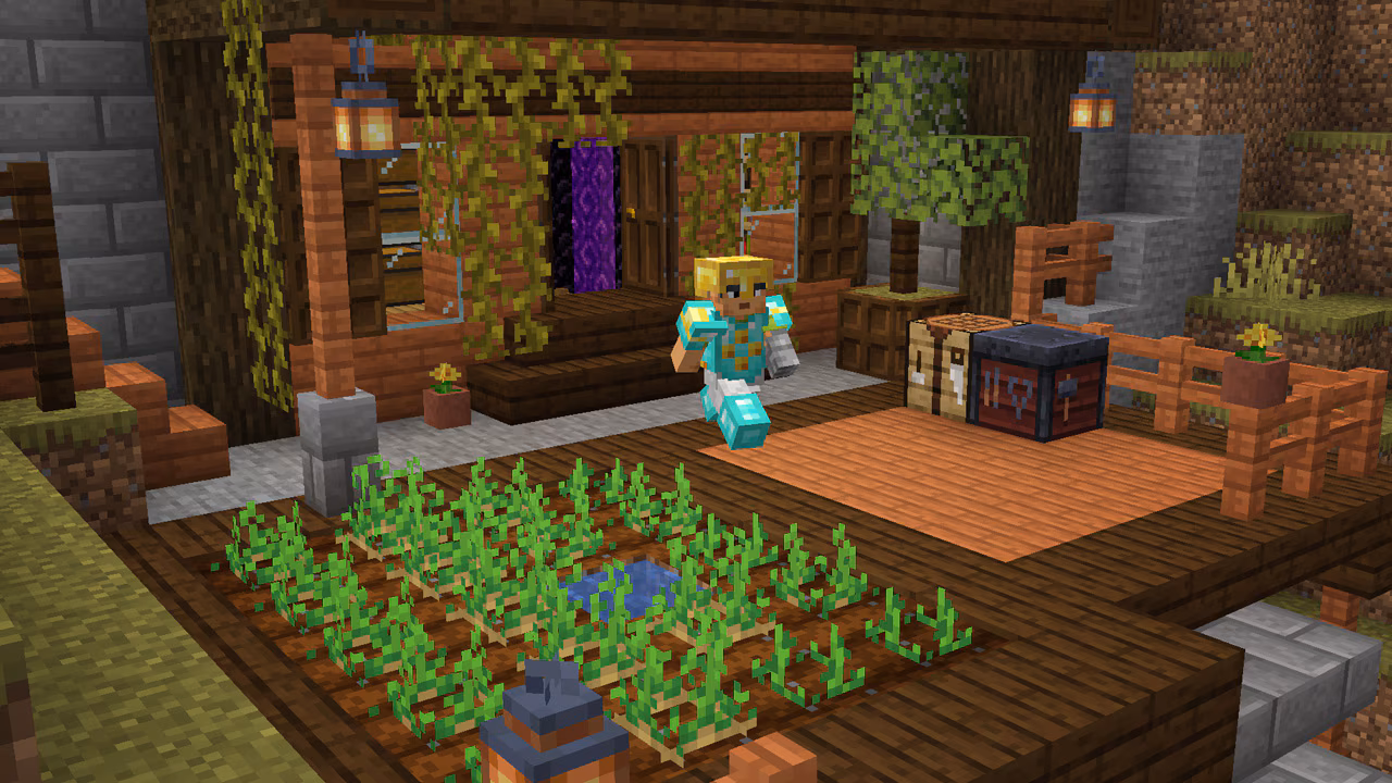 A character wearing a gold helmet and a diamond armor set.