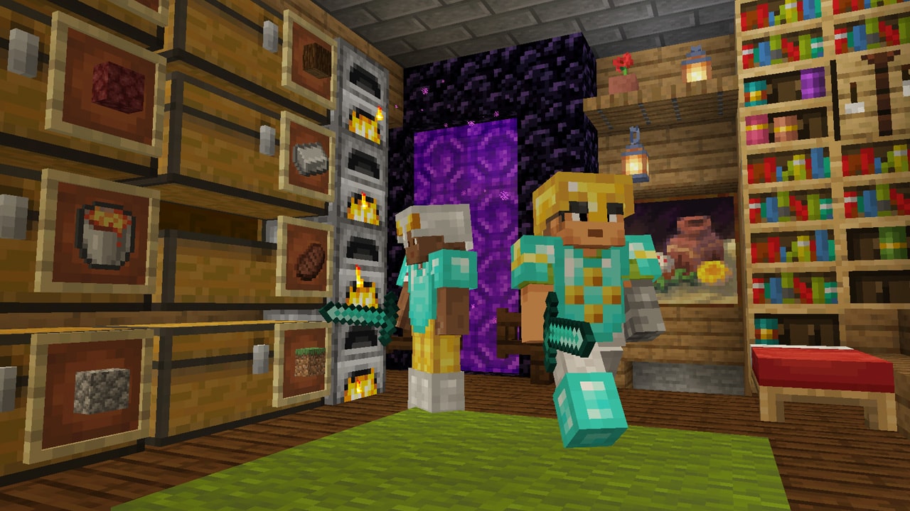 Two Minecraft players in a storage room.