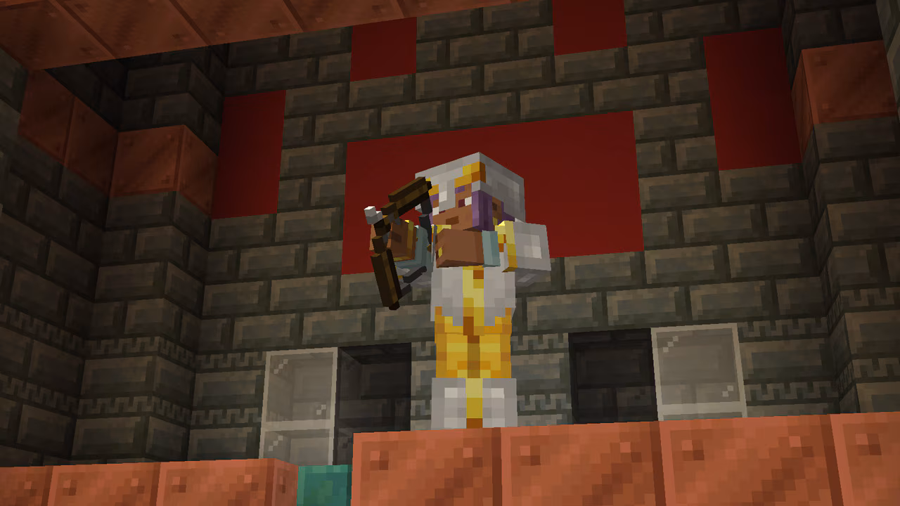 A Minecraft character firing a bow inside a trial chamber.