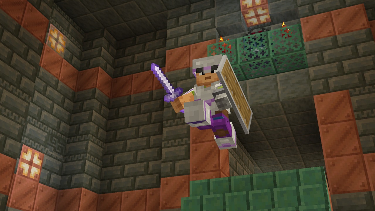 A Minecraft character jumping through the air with a sword.
