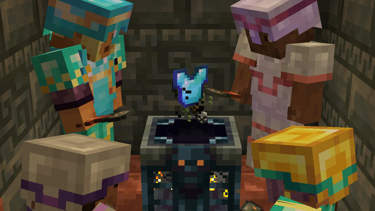 This screenshot shows a group of players huddled around a vault