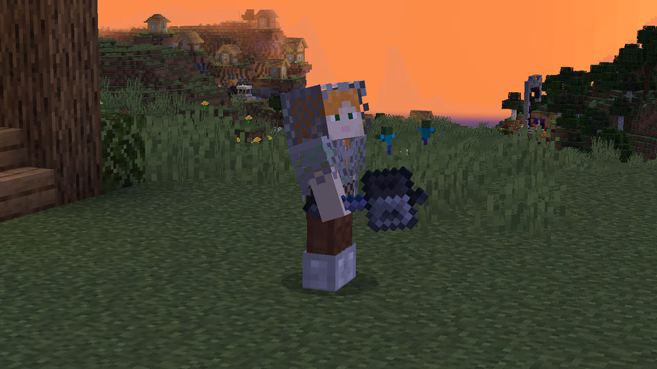 This is a screenshot of Alex holding the mace – one of the new weapons coming to Minecraft as part of the Tricky Trials Update