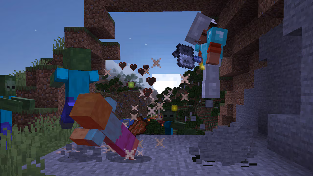 This screenshot shows a player leaping on foes from above and smashing down with the mace! Hurrah!