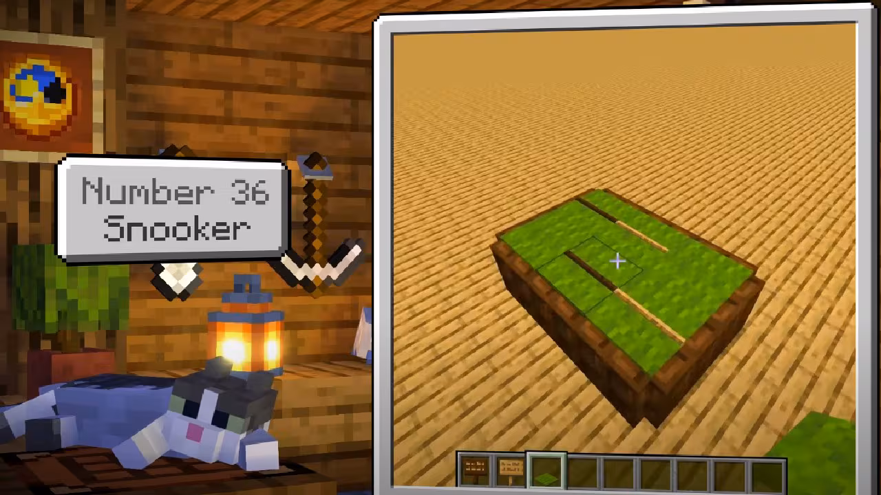 A split image where the left looks like the indoors of a cabin, with a lantern on a wooden box, a pickaxe and compass hanging on the wall, and a pop-up sign that says "Number 36 Snooker" above where a white and grey cat is laying down. On the right is a snooker table with a green felt surface, two cues laying on top, and a wooden floor beneath. 