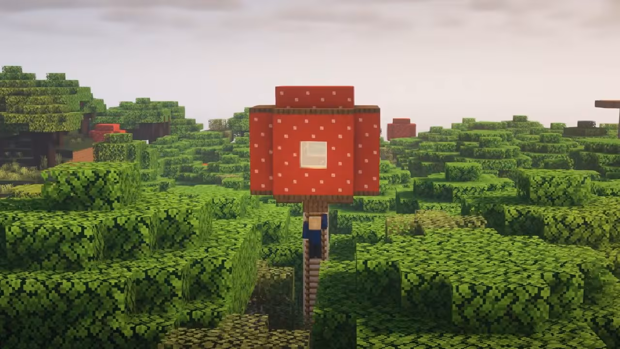 Image of an open tree house in Minecraft high above the tree tops that are lush, fluffy, green, and with hanging vines
