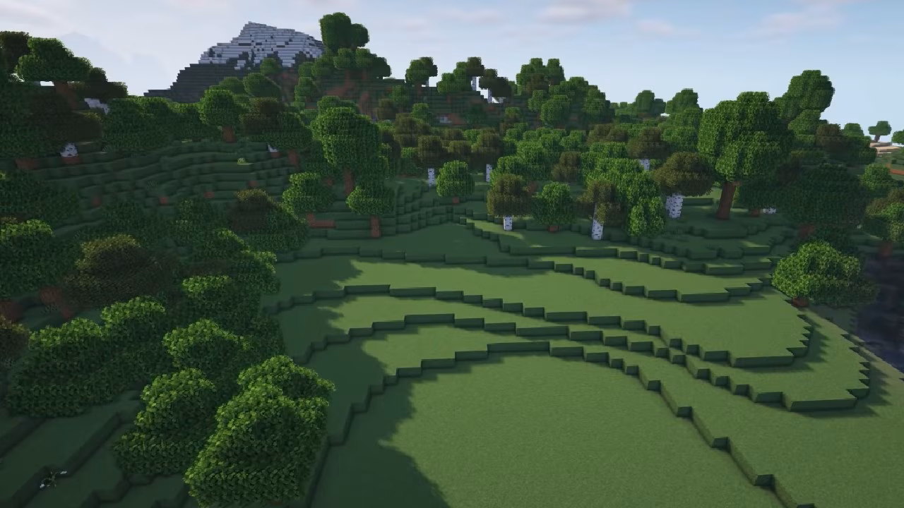 Green pasture in Minecraft that has different levels of greenery along with a lush forest in the background