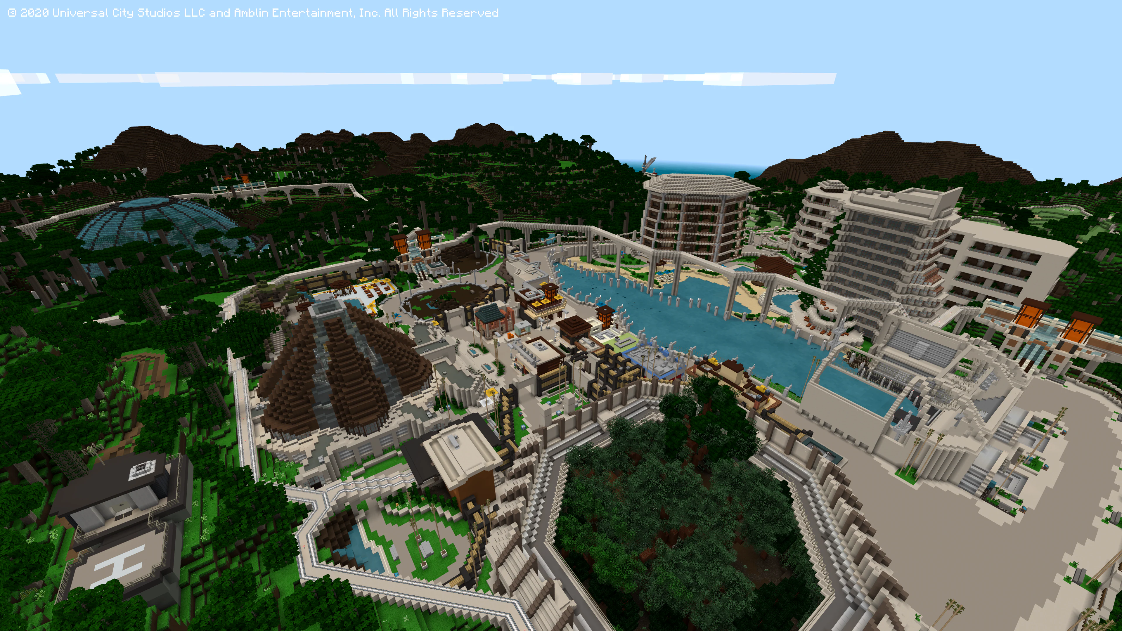The blocky Jurassic World viewed from above
