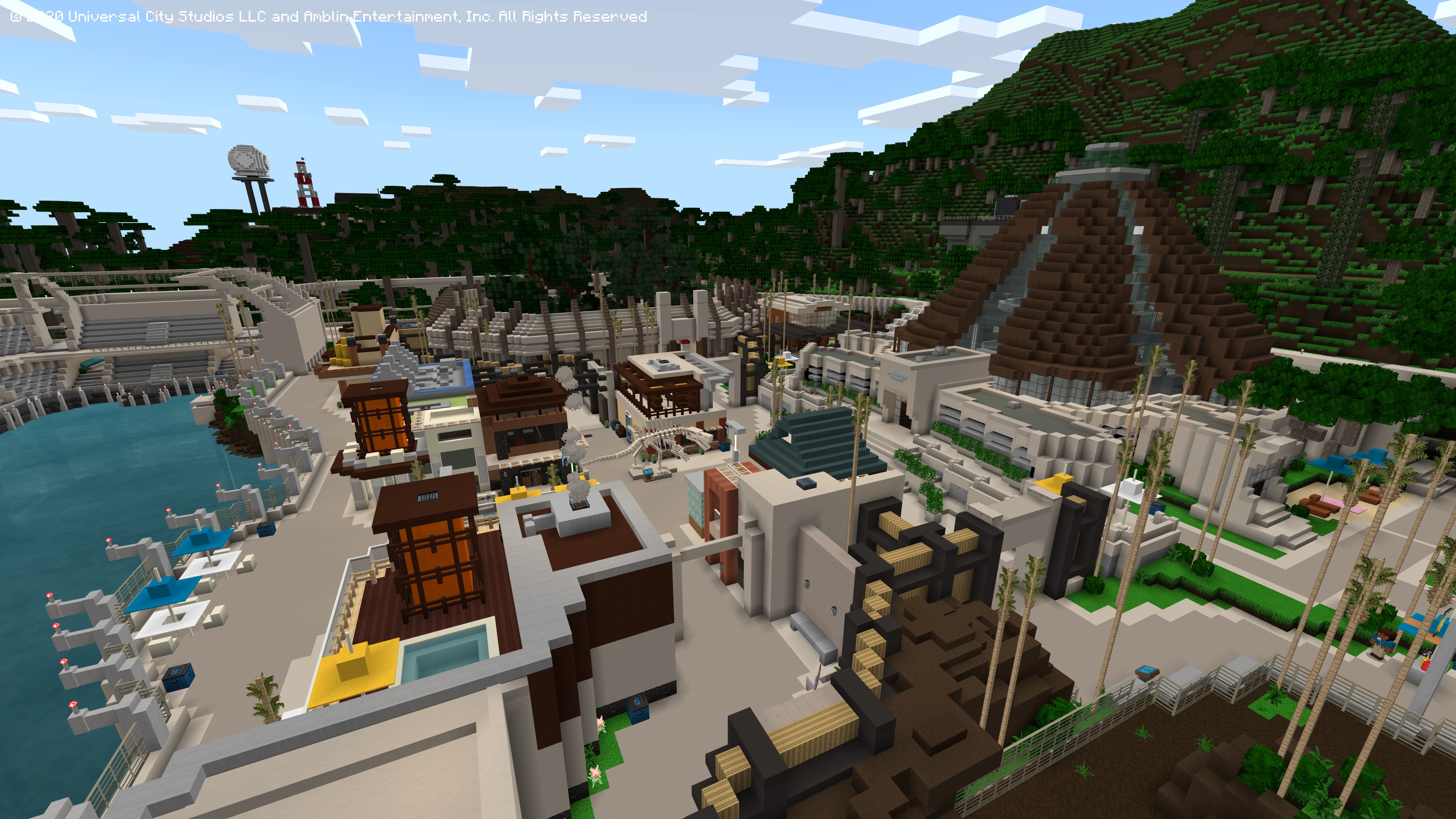 An overview of Jurassic World with the aviary, the pool for the Mosasaur, and the volcano