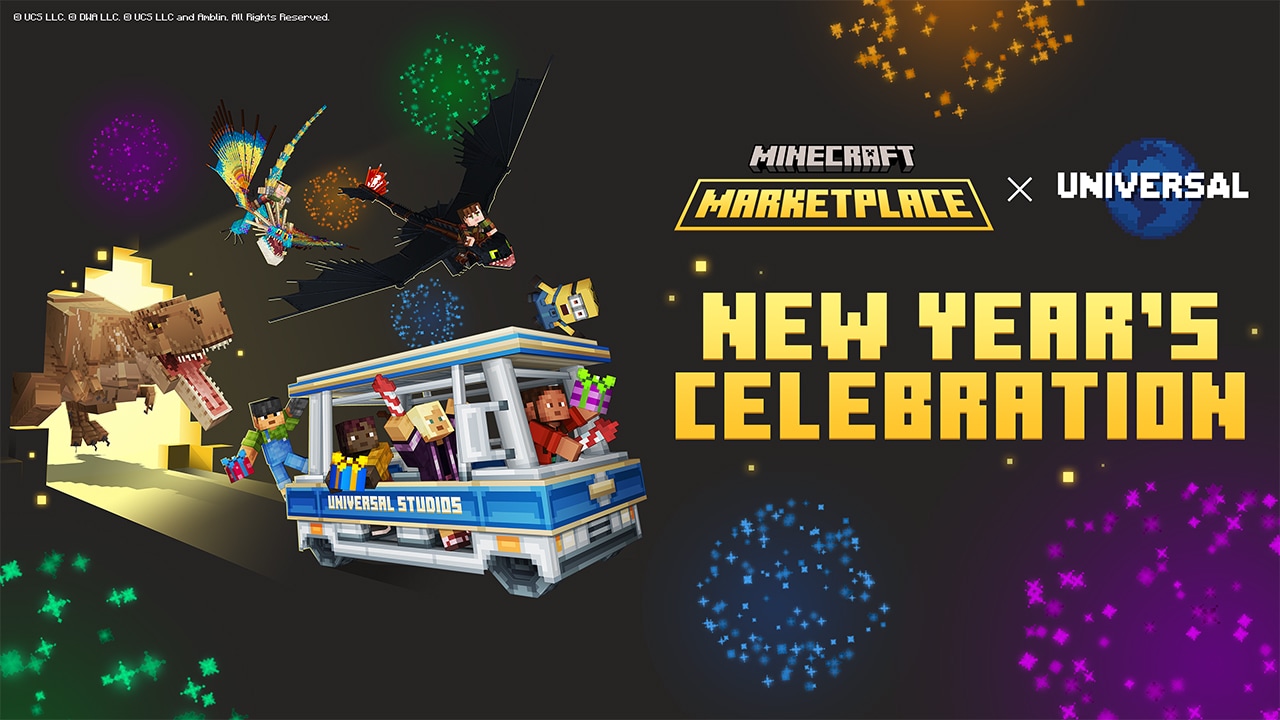 Players on a blocky tram travelling through worlds in the Universal New Year's Celebration