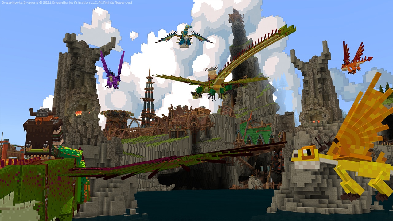Several dragons with dragon riders flying over the Viking islands