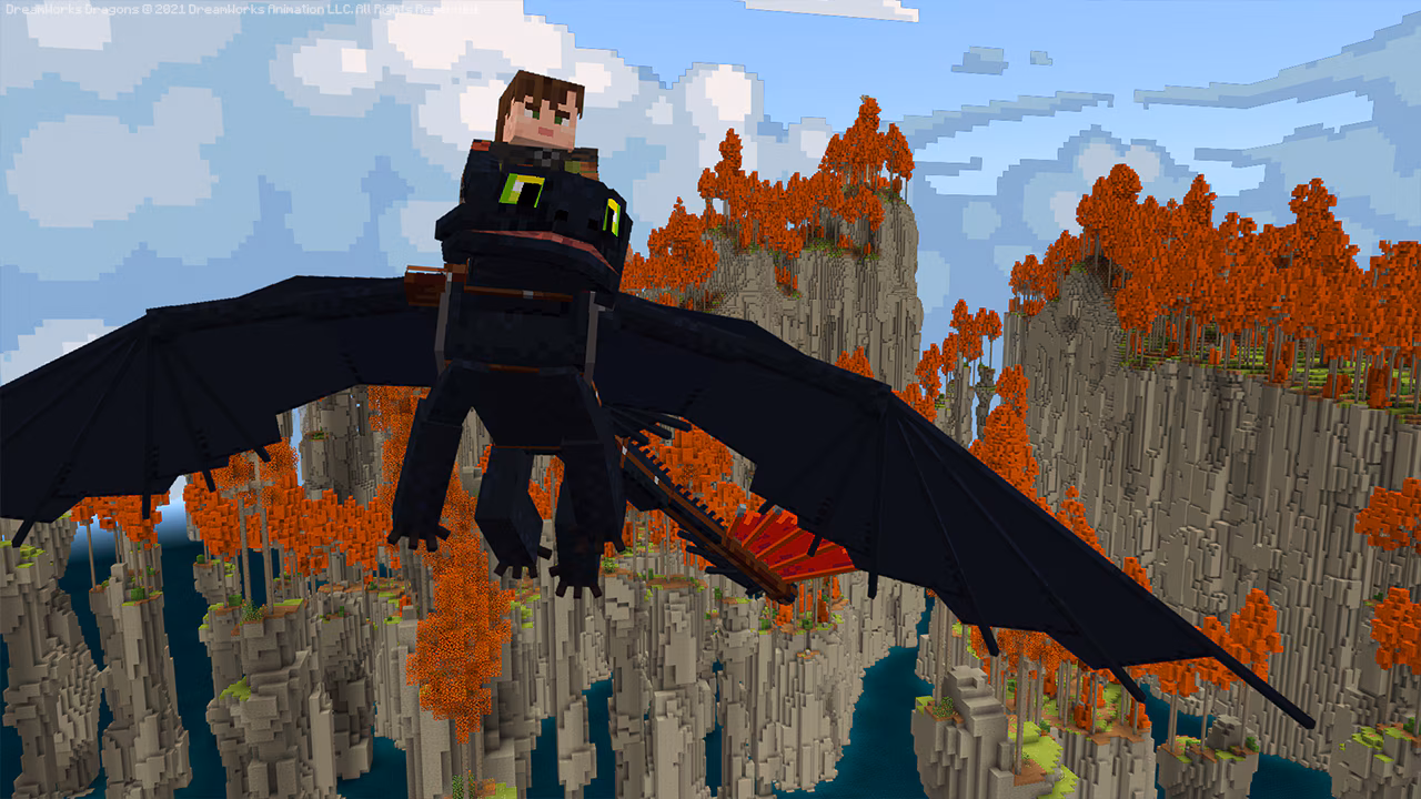A player flying on the dragon Toothless
