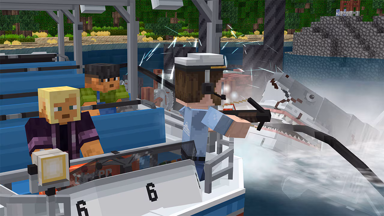A blocky shark attacking the boat with visitors