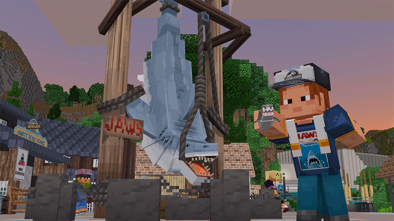 A visitor posing next to a captured shark