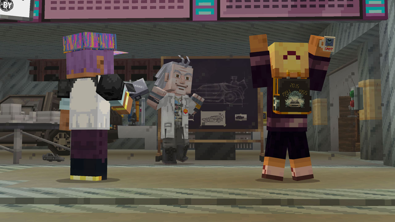 Players interacting with Doc Brown from Back to the Future