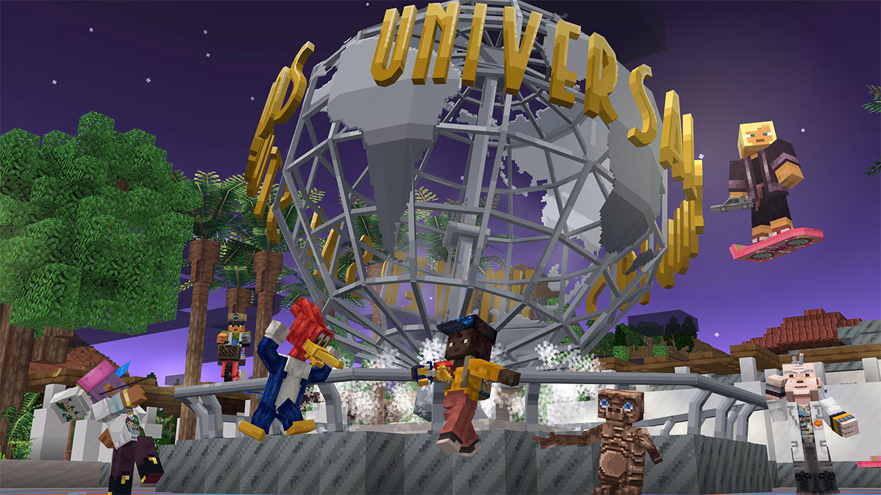 Iconic characters in front of the blocky Universal Studios globe
