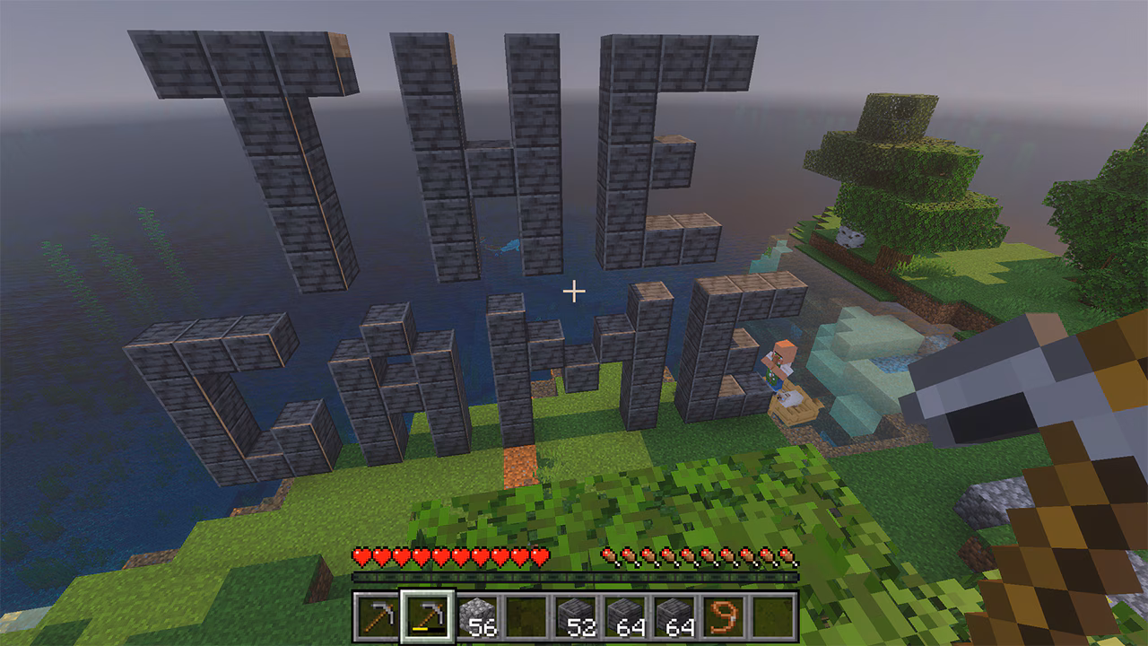 A statue built from deepslate that spells out 'THE GAME'