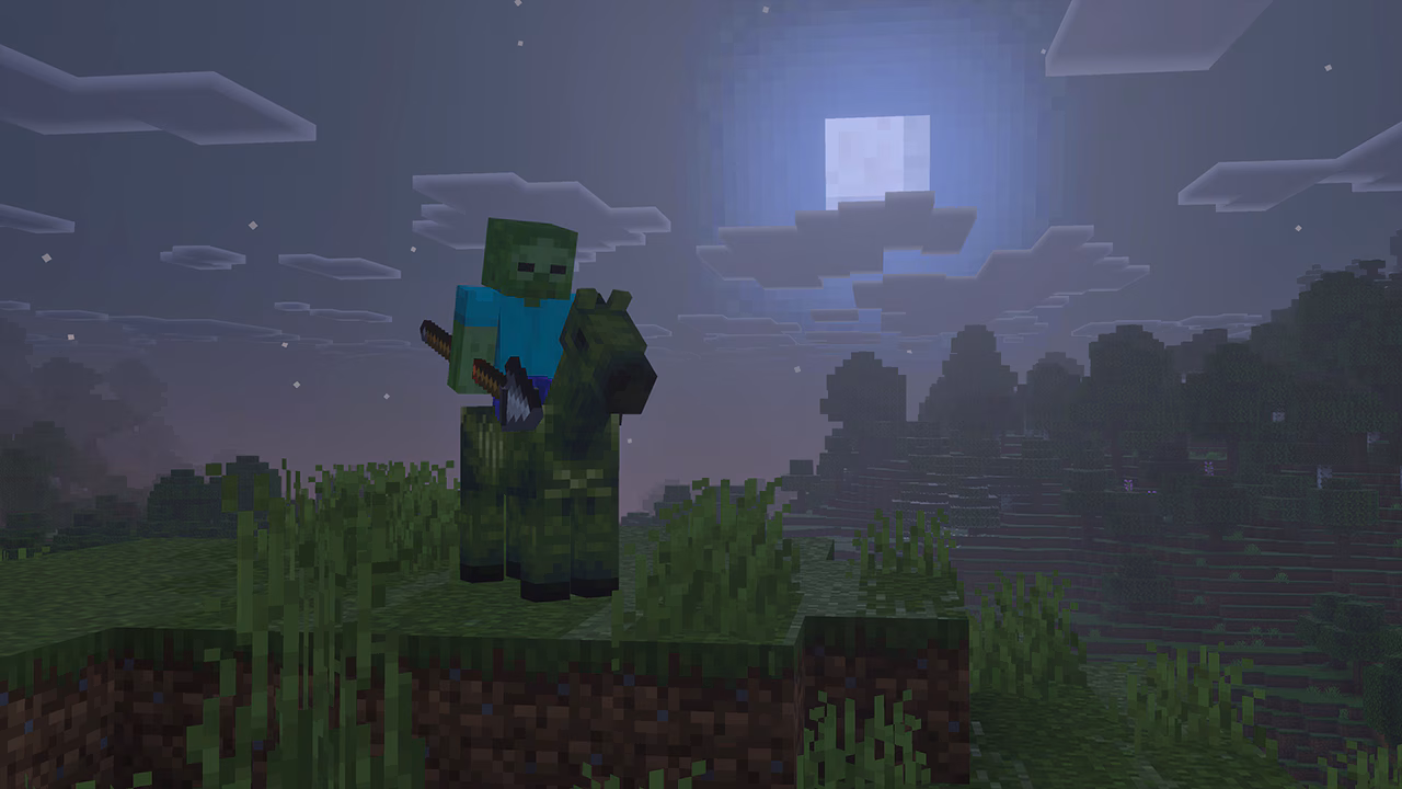 A zombie riding a zombie horse holding a spear during the night