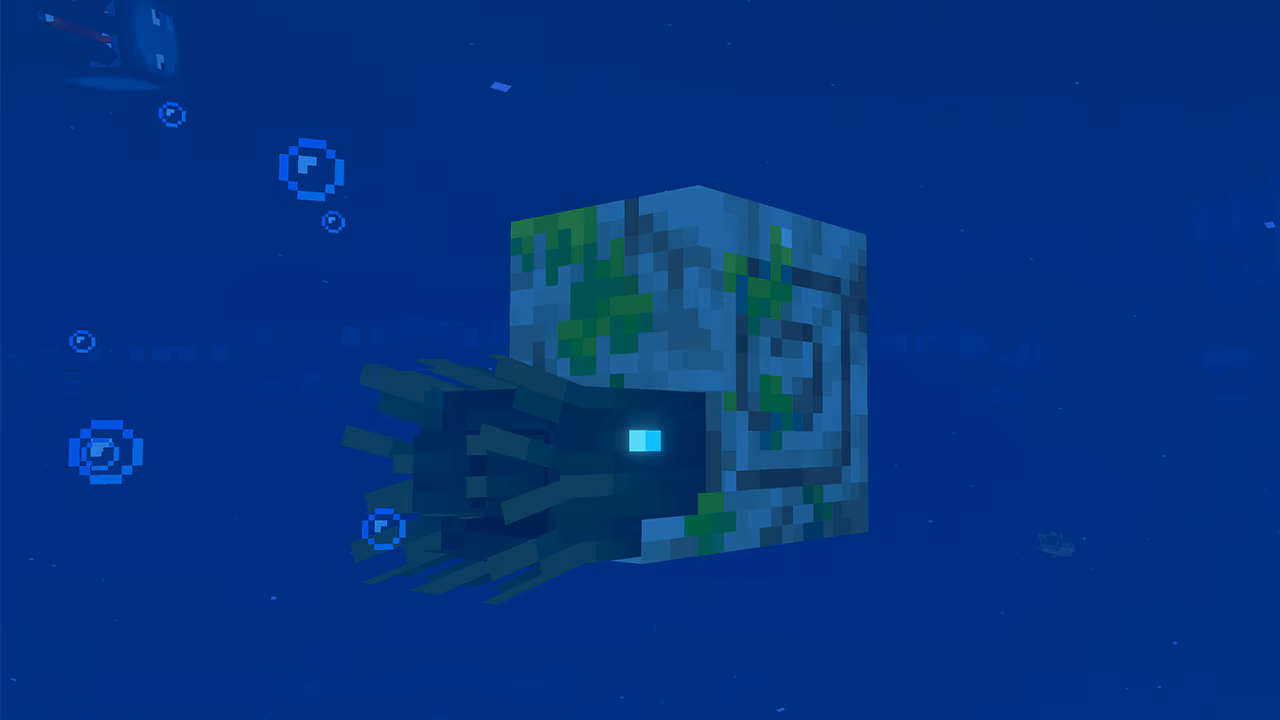 Sea creature underwater with a shell and glowing eyes