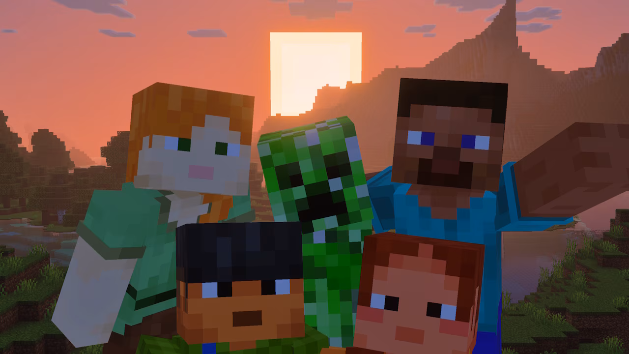 Selfie style picture showing four characters plus a creeper looking into a camera