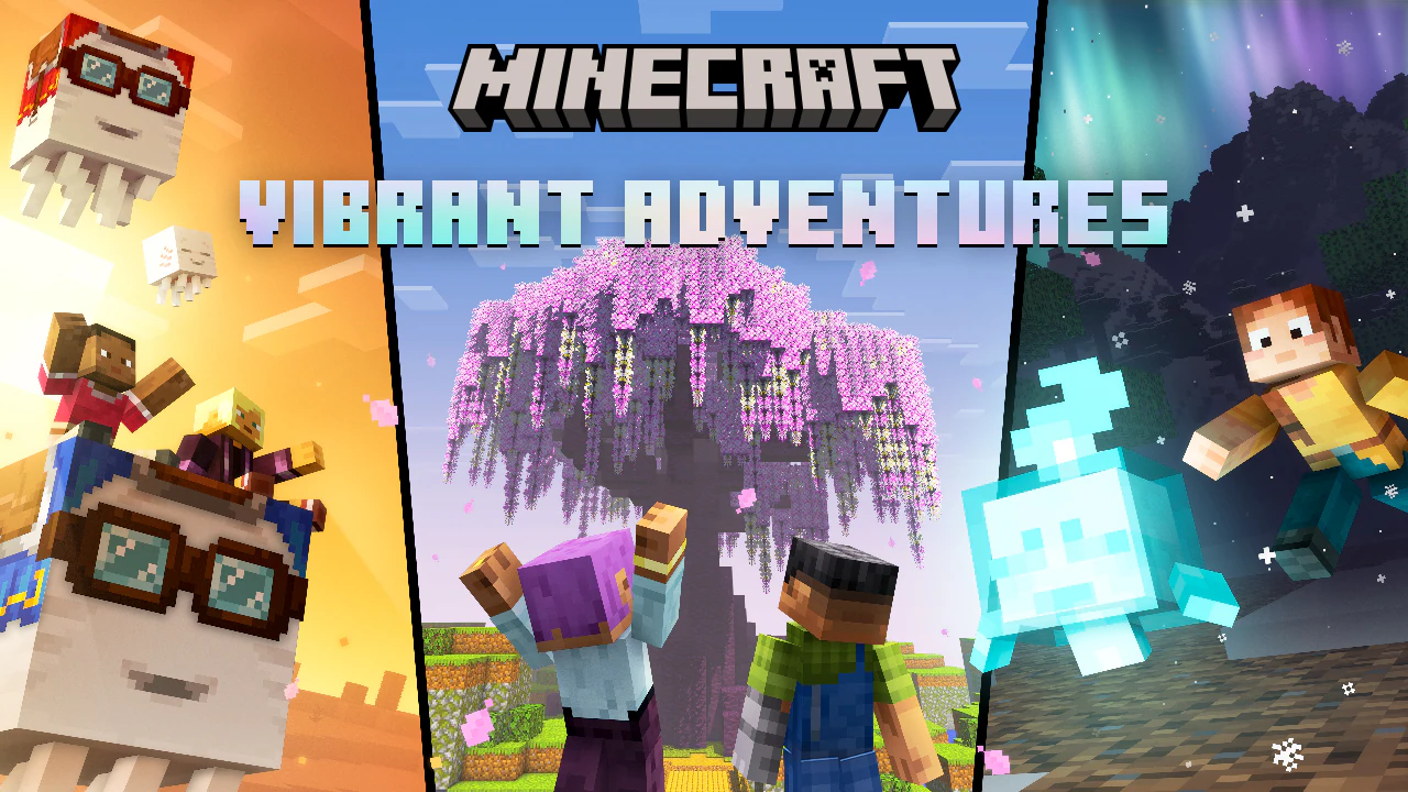 Three Minecraft scenes: players riding a happy ghast in sunlight, two players under a blooming pink tree, and a glowing blue spirit in a dark cave, with “Vibrant Adventures” and “Minecraft” logos.