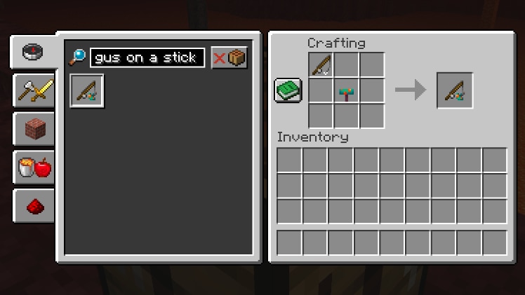 The recipe UI showing how to craft a warped fungus on a stick!