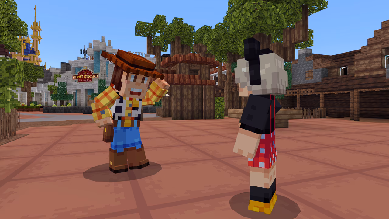 Screenshot from Minecraft with Woody from Toy Story waving to a Disney World visitor who is dressed up like Minnie Mouse, complete with ears, inside a rendering of Disney World. 