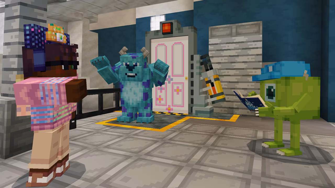 Mike Wazowski and Sully from Monster's Inc. stand to the right of a Minecraft character wearing a pastel pink and purple sweater and khaki pants. Mike is signing a Disney autograph book, while Sully is standing in front of Boo's door, that's white and covered with pastel pink and purple flowers towards the bottom. 