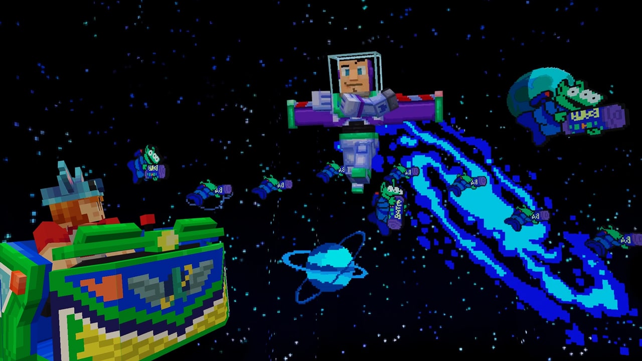 Recreation of the Buzz Lightyear's Space Ranger Spin from Disney World's Magic Kingdom, with a rider in the cart, a dark background with space, stars, and planetary objects, The Little Green Men, and Buzz Lightyear. 