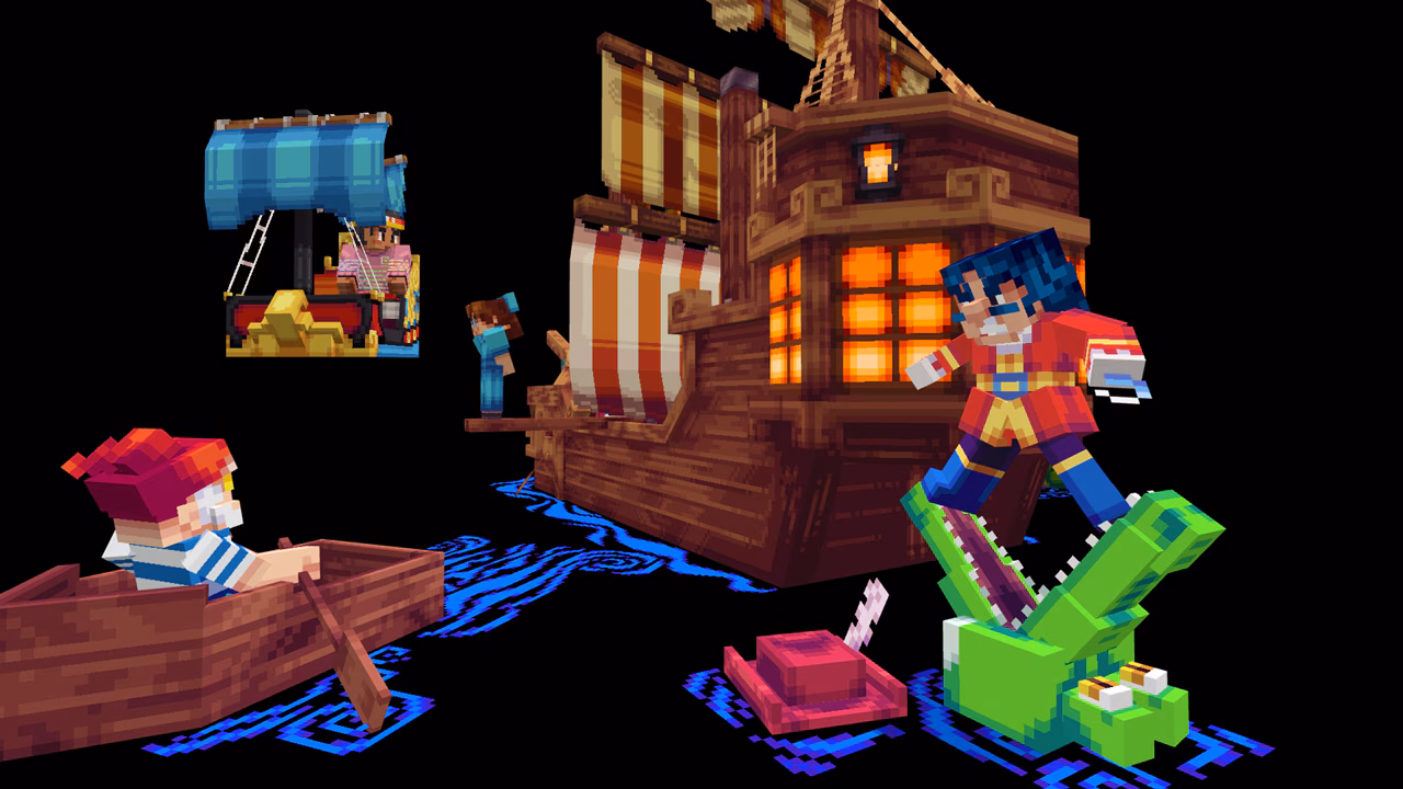 Recreation of the Peter Pan's Flight from Disney World Magic Kingdom, with a rider in the floating ship car, Mr. Smee in the bottom left in a rowboat, Captain Hook to the right standing in the jaws of the ticking crocodile, with a giant pirate ship in the background with Wendy standing at the edge of the plank.